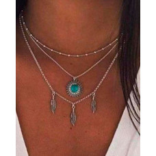 1pcs Multi-layer Turquoise Feather Pendant Necklace - silver