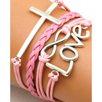 1pcs Multilayer Cross Pattern Hollow Love Letter Design Bohemian Braided Bracelet - pink