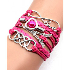 1pcs Multilayer Hollow Heart Faux Pearl Decor Eiffel Tower Love Letter Design Bohemian Braided Bracelet - hot pink