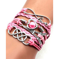 1pcs Multilayer Hollow Heart Faux Pearl Decor Eiffel Tower Love Letter Design Bohemian Braided Bracelet - pink