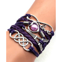 1pcs Multilayer Hollow Heart Faux Pearl Decor Eiffel Tower Love Letter Design Bohemian Braided Bracelet - purple