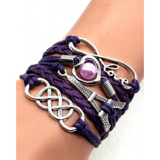 1pcs Multilayer Hollow Heart Faux Pearl Decor Eiffel Tower Love Letter Design Bohemian Braided Bracelet - purple