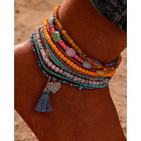 1pcs Stackable Beaded Colorblock Heart Tassel Anklets Set - style1