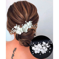 1pcs Wedding Bridal Pearl Floral Pattern Hair Clips Rhinestone Bridesmaid Hair Accessories - white