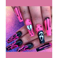 1Sheet Halloween Press on Nails Long Ghost Face Design Full Cover Fake Coffin Nails - hot pink