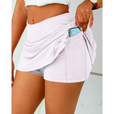 2 in 1 Running Workout Athletic Gym Sports Yoga Skorts with Phone Pockets - white