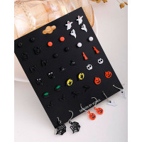 20Pairs Halloween Pumpkin Ghost Spider Web Cat Graphic Stud Hook Earrings Set - black