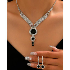 22PCS Rhinestone Geometric Pendant Necklace & Drop Earrings Evening Party Wedding Jewelry Set - black