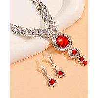 22PCS Rhinestone Geometric Pendant Necklace & Drop Earrings Evening Party Wedding Jewelry Set - red