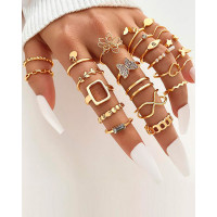 23pcs Floral Butterfly Heart Star Geometric Hollow Rings Set - gold