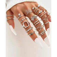 23pcs Floral Butterfly Heart Star Geometric Hollow Rings Set - silver