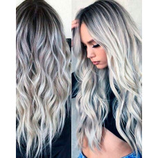 24 inch Synthetic Wig Curly Wavy Middle Part Wig Ombre Long-Grey - brown