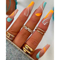 24pcs Colorblock Fashionable Press On Fake Coffin Nails Set - Multicolor