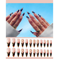 24pcs Colorblock Glossy Rhinestone Decor Press On False Nails Set With Glue - style2