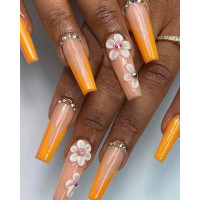 24pcs Floral Pattern Colorblock Press On Fake Coffin Nails Set - yellow