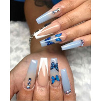 24PCS Luxury Press On Nails Butterfly Rhinestone Extra Long Coffin Fake Nails Full Cover False Nail Set - blue