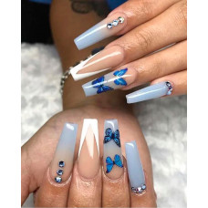 24PCS Luxury Press On Nails Butterfly Rhinestone Extra Long Coffin Fake Nails Full Cover False Nail Set - blue