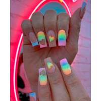 24pcs Rainbow Ombre Heart Glossy Press On Fake Coffin Nails Set - Multicolor