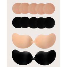 2Pack Plain Self Adhesive Bras & 10Pairs Nipple Covers Set - black