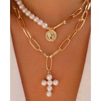 2PCS Beaded Decor Coin & Cross Pendant Layered Necklace - gold