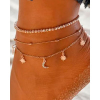 2pcs Beaded Moon Star Tassel Chain Anklets Set - gold