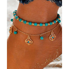 2pcs Beaded Turquoise Floral Pattern Anklets Set - blue