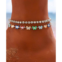 2pcs Butterfly Faux Zircon Beaded Anklets Set - Multicolor