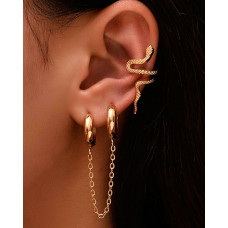 2pcs Chain Link Hoop Earrings & Snake-Shaped Ear Climber Set - gold