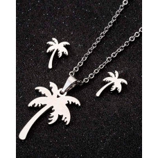 2pcs Coconut Tree Shaped Pendant Necklace & Earrings Jewelry Set - silver