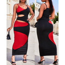 2PCS Colorblock Cutout Bodycon Dresses Set - black