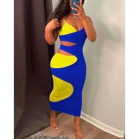 2PCS Colorblock Cutout Bodycon Dresses Set - blue&yellow