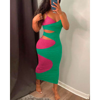 2PCS Colorblock Cutout Bodycon Dresses Set - green&hot pink