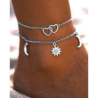 2pcs Double Heart Galaxy Moon Sun Pendant Anklets Set - silver