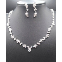 2pcs Fashionable Asymmetrical Rhinestone Drop Earrings & Necklace Wedding Bridal Jewelry Set - silver