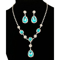 2pcs Gem Stone Pendant Necklace & Waterdrop Earrings Fashion Jewelry Set - blue