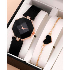 2pcs Geometric Quartz Watch & Heart Pattern Chain Bracelet Set - black