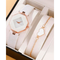 2pcs Geometric Quartz Watch & Heart Pattern Chain Bracelet Set - white