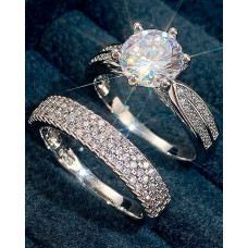 2pcs Geometric Rhinestone Round Cut Zircon Wedding Couple Rings Set - silver