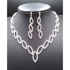 2pcs Hollow Out Rhinestone Leaf Pattern Necklace & Drop Earrings Jewelry Set - silver