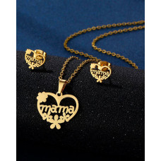 2pcs Mother's Day Gift Hollow Out Heart Flower Letter Mama Pendant Necklace & Earrings Jewelry Set - gold