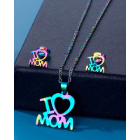 2pcs Mother's Day Gift Hollow Out I Love Mom Letter Pendant Necklace & Stud Earrings Jewelry Set - Multicolor