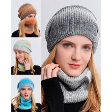 2PCS Ombre Winter Knitted Warm Fleece Lined Beanie Scarf Set - gray