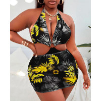 2PCS Plus Size Tropical Print One Piece Swimsuit With Cover Up - yellow