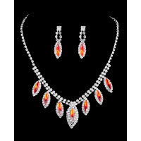 2PCS Rhinestone Crystal Stone Tassel Pendant Necklace & Drop Earrings Wedding Bridal Jewelry Set - red