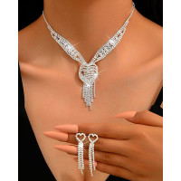 2PCS Rhinestone Decor Hollow Out Tassel Heart Pendant Necklace & Drop Earrings Wedding Bridal Gift Jewelry Set - silver