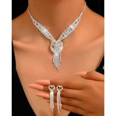 2PCS Rhinestone Decor Hollow Out Tassel Heart Pendant Necklace & Drop Earrings Wedding Bridal Gift Jewelry Set - silver