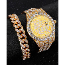 2pcs Rhinestone Decor Quartz Watch & Chain Bracelet Set - style3