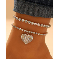 2pcs Rhinestone Heart Pattern Stackable Anklet Set - gold