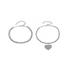 2pcs Rhinestone Heart Pattern Stackable Anklet Set - silver