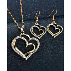 2pcs Rhinestone Hollow Out Heart Shaped Necklace & Drop Earrings Jewelry Set - gold